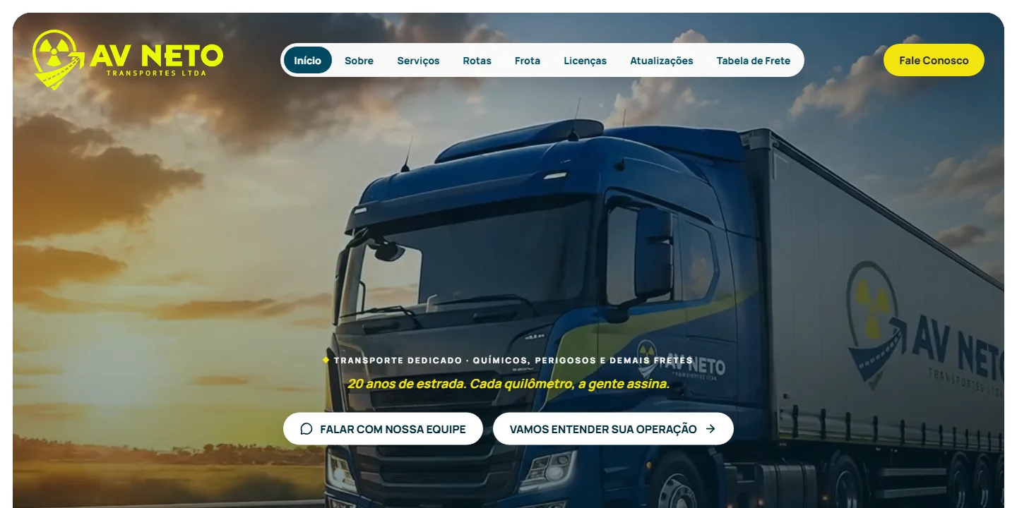 Página inicial do site da AV Neto Transportes criado pela FRAME