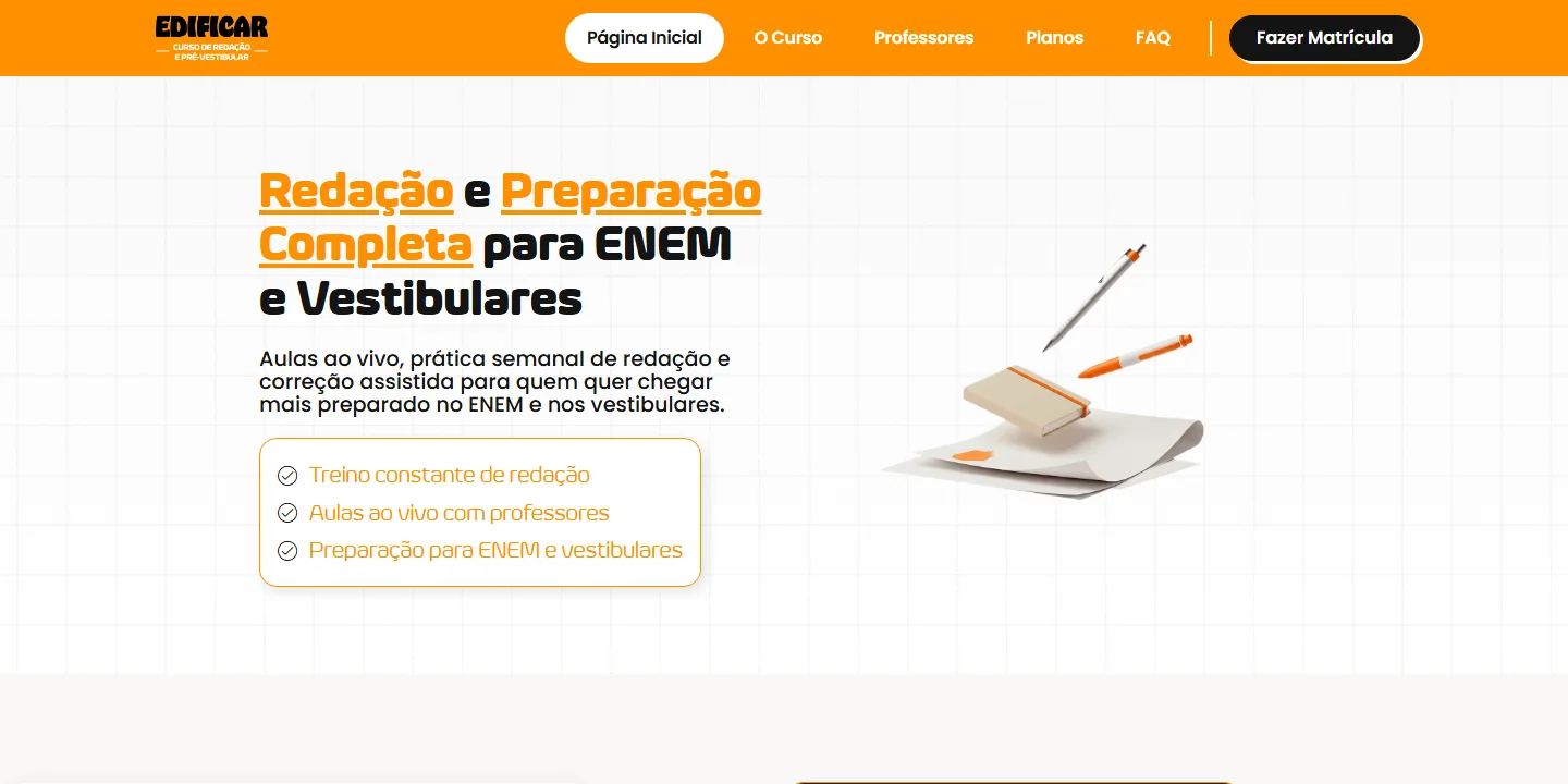 Página inicial do site do Curso Edificar criado pela FRAME