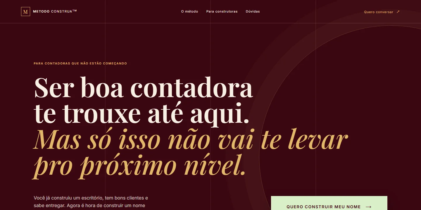 Landing page do Método CONSTRUA da Contadora Mafê criada pela FRAME